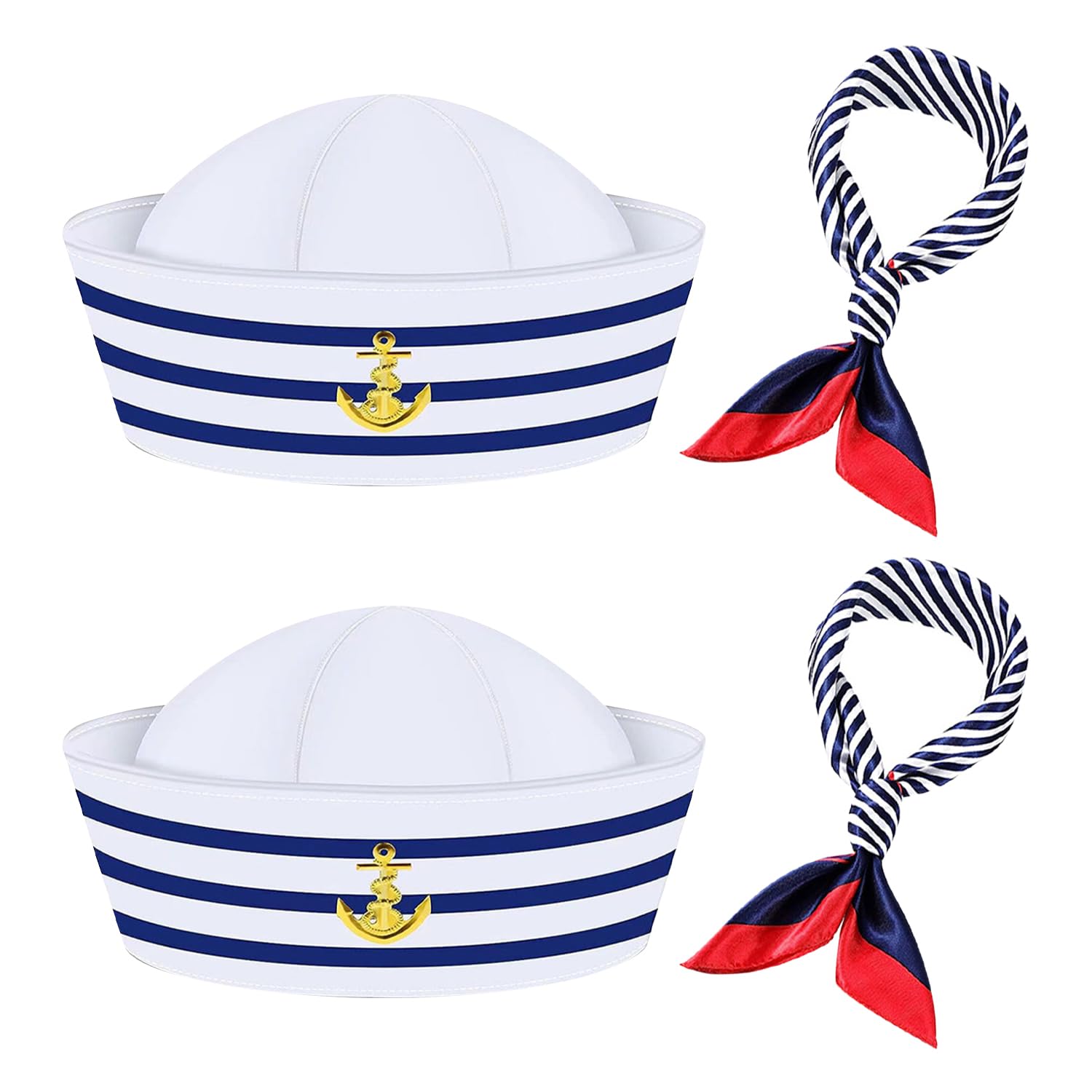 DUINIU 2-Piece Striped Sailor Hat Set with 2 Scarves, Nautical Sailor Outfit for Proms, Parties and Celebrations