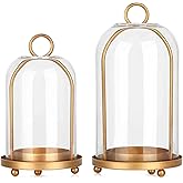 Vintage Brass Metal Candle Lantern with Thick Glass Dome – Set of 2 Shabby Chic Style Candle Holders (5.25"x10" & 4.5"x7.87") – Hanging or Tabletop Decor for Pillar Candles, Plants