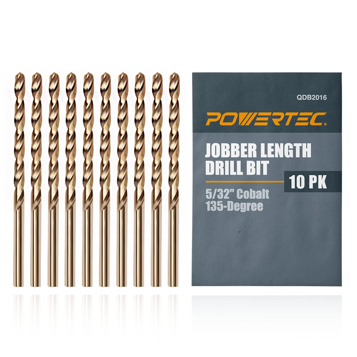 POWERTEC 5/32 Inch Cobalt Drill Bits, 10 PK M35 HSS Cobalt Jobber Length Twist Drill Bits w/ 135° Tip, Drill Bits for Drilling Wood, Metal, Stainless Steel, Nickel Alloy, Cast Iron & Plastic (QDB2016)