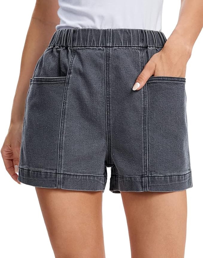fuinloth Women's Denim Shorts, Elastic Wasit Mid Rise Loose Fit with 2
