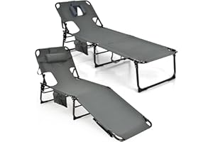 Giantex Beach Chair - Chaise Lounge with Face Arm Hole, Detachable Pillow, Adjustable Backrest, Side Pocket, Carry Handle, Outdoor Folding Lounge Chair for Sunbathing (2, Gray)