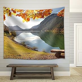 Panoramic View to Idyllic Autumnal Lake Sylvenstein, Germany - Fabric Wall Tapestry Home Decor - 51x60 inches