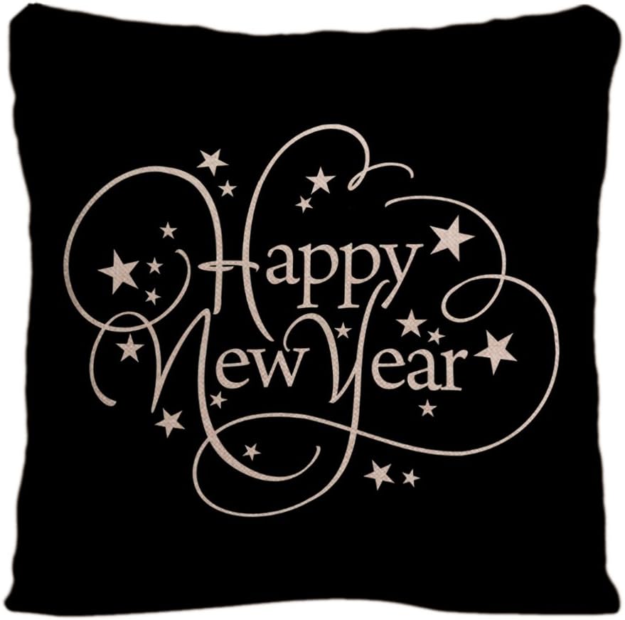 KafePross Happy New Year Black Home Decorative Cotton Linen Pillow Covers 18X18 Inch