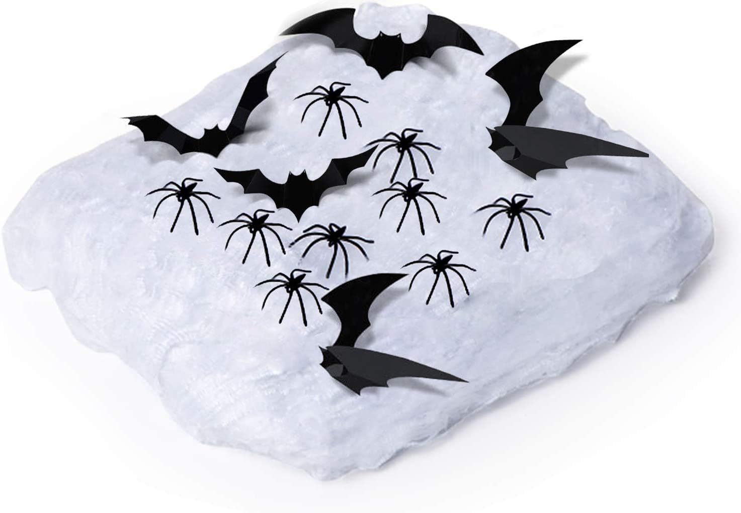 VNEED 100g Halloween White Cobweb with 100pcs Plastic Spiders & 12Pcs 3D Bats Stickers for Halloween Haunted House and Horror Themed Parties Décor