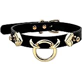 EverGlimp Handmade Leather O-Ring Choker Necklace for Women - Adjustable Punk Gothic Collar with Gold-Tone Accents