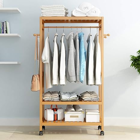 Amazon コートラック 2 層 収納棚 竹 ラックの服 圧延車輪の上 玄関での ベッド キッチン バスルーム C 80x36x160cm 31x14x63inch ハンガーラック オンライン通販