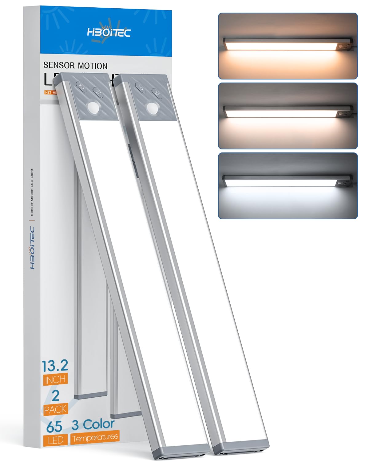 Photo 1 of 65 LED Under Cabinet Lighting 2 Packs, Dimmable Motion Sensor Closet Lights, 2500mAh Rechargeable Under Counter Lights, Wireless Lights for Drawer, Kitchen, Hallway, 3 Color Temperatures, 13.2 inch