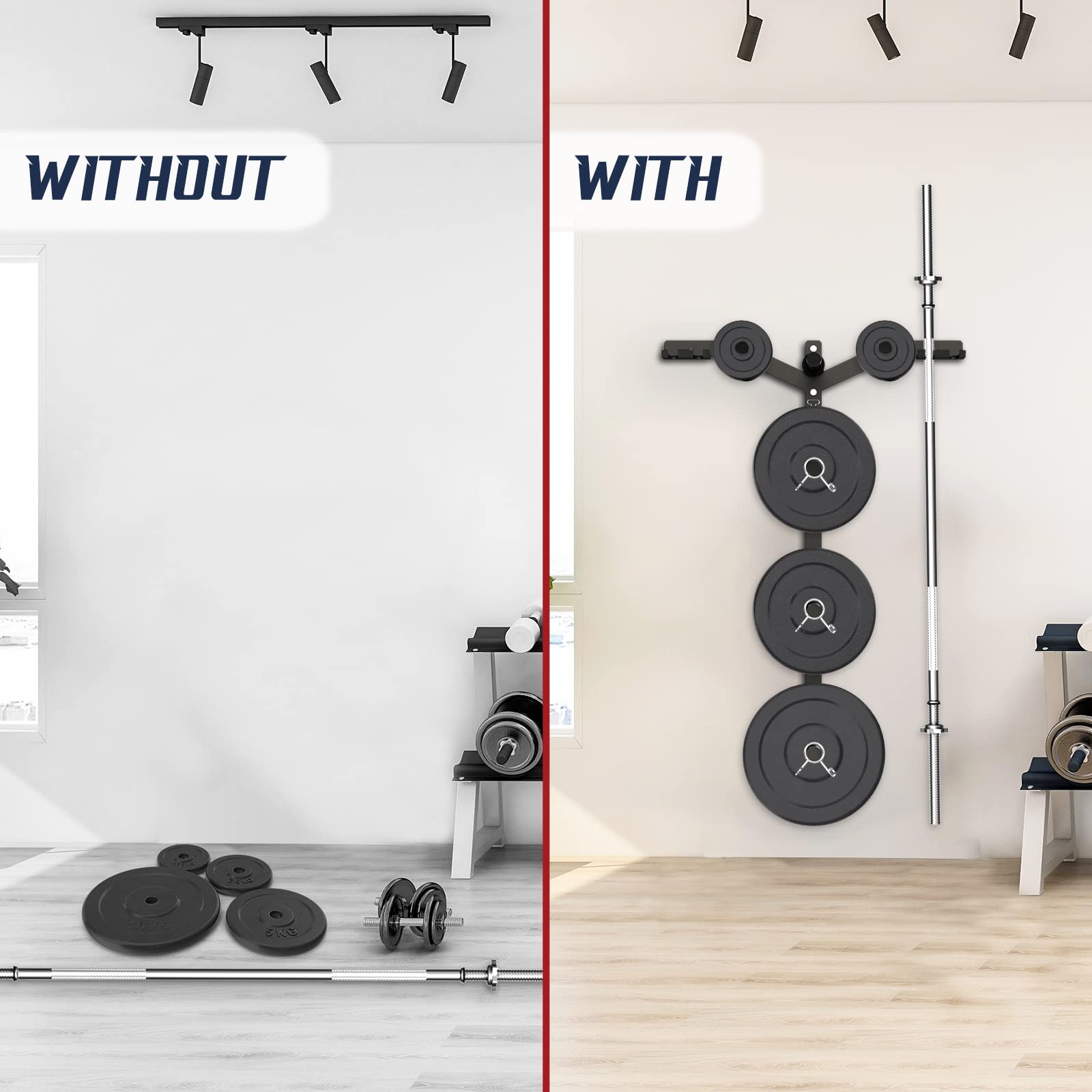 Yes4All 6 Pegs & 4 Barbell Storage Racks Load Up to 1190 LBS - Wall Mounted Weight Plate Tree & Barbell Holder