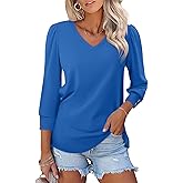 TICTICMISS Women's 3/4 Length Sleeve Tops with Buttons V Neck T Shirts Business Casual Blouses Loose Fit Summer Tunic Clothes