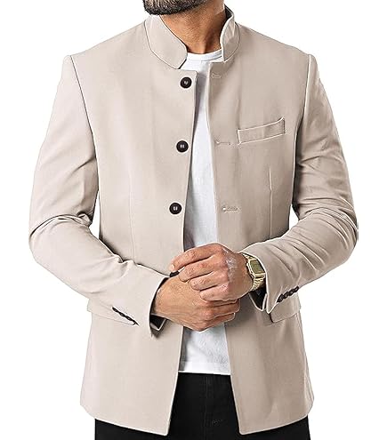chouyatou Men's Gentle Band Collar Single Breasted Wool Blend Pea