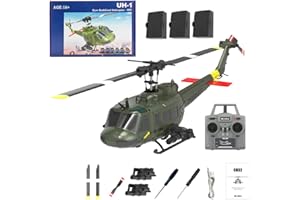 Wodoochey C032 UH-1 Huey RC Helicopter for Adults - 1/48 Scale 2.4G 6CH Flybarless Remote Control Helicopter Model, 3D Stunt Flight & High-Precision RC Airplane (Green (3 Batteries))