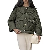 CUFEZN Womens Cropped Quilted Puffer Jackets Frilly Peter Pan Collar Button Down Lightweight Cream Cute Padded Coats