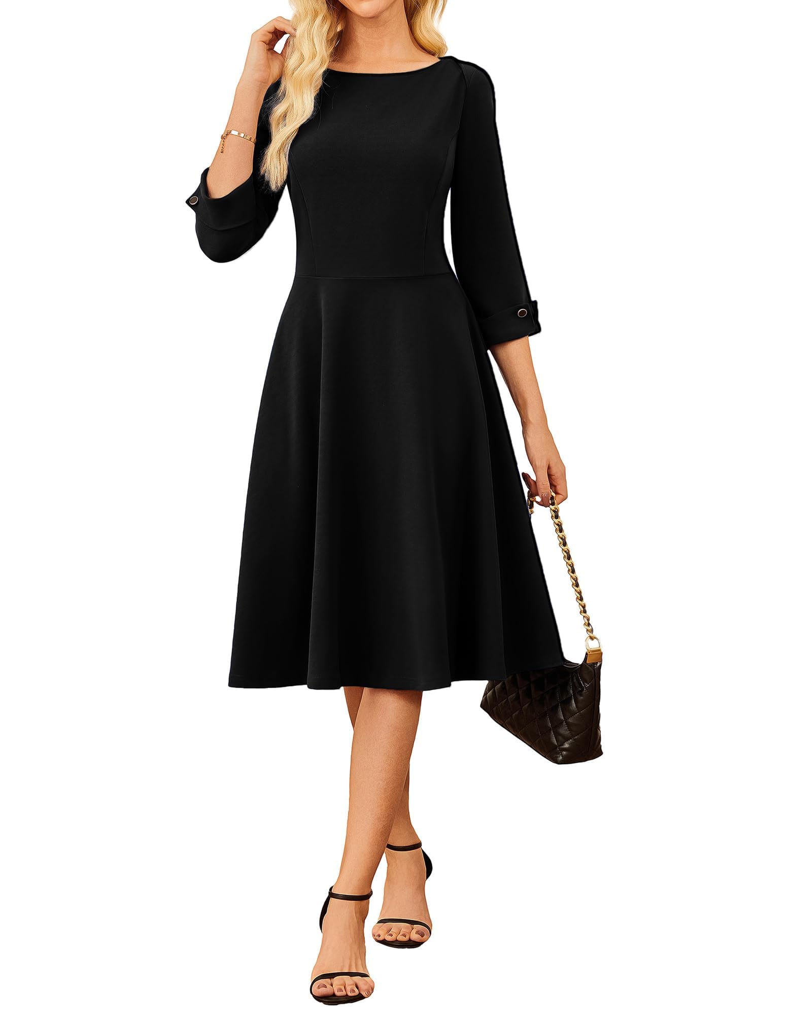 Photo 1 of GRACE KARIN Church Dresses for Women Business Casual 3/4 Sleeve Dress Fit and Flare Elegant Midi Work Dress Black S