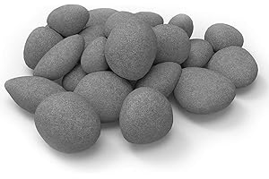 B-HOTTE 24 PCS Fireplace Ceramic Pebbles for Firepits ，for All Types of Indoor, Gas Inserts, Ventless & Vent Free, Electric, or Outdoor Fireplaces & Fire Pits. Realistic Clean Burning Accessories … (grey)