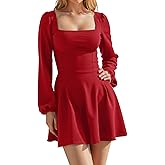 GOBLES Women's Elegant Long Puff Sleeve Square Neck Bodycon Mini Party Dress