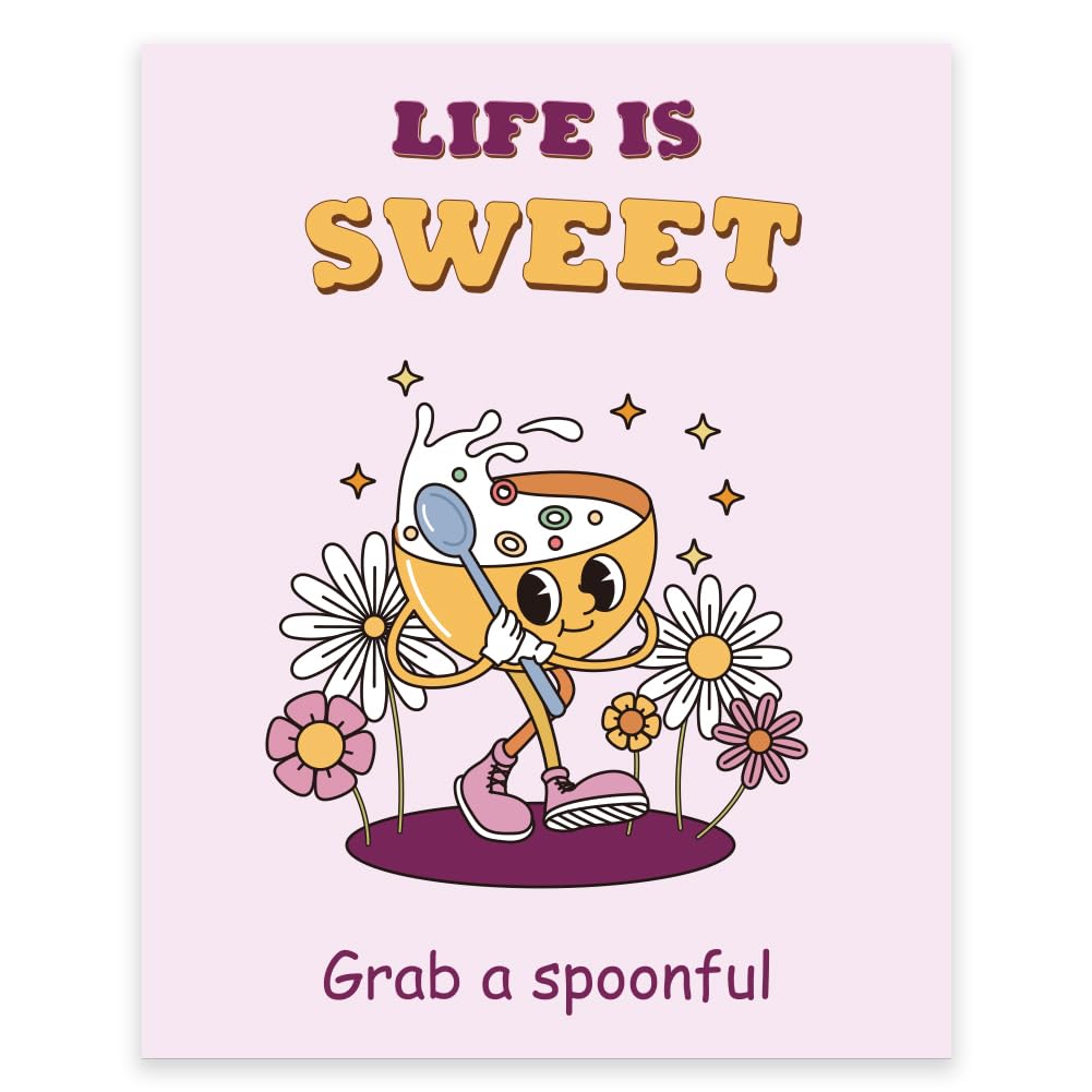 GOMAKERER 1 Pc Cute Retro Posters, Life Is Sweet Positive Affirmations Poster Cartoon Wall Decor Room Aesthetic 70s Unframed Funny Wall Art Decoration for Kitchen Bedroom Home School, 13.78x11.02 Inch