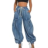 LETSVDO Women's Baggy Cargo Jogger Jeans High Waisted Wide Leg Drawstring Bow Pockets Loose Harem Denim Pant Sweatpants