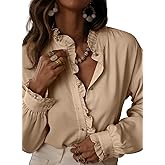 Astylish Womens Plaid Ruffle V Neck Button Down Blouse Casual Long Sleeve Tops Work Checkered Shirt