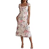 winkbay Women's Summer Floral Bodycon Dress Elegant Mesh Square Neck Midi Sundress Wedding Guest Dresses