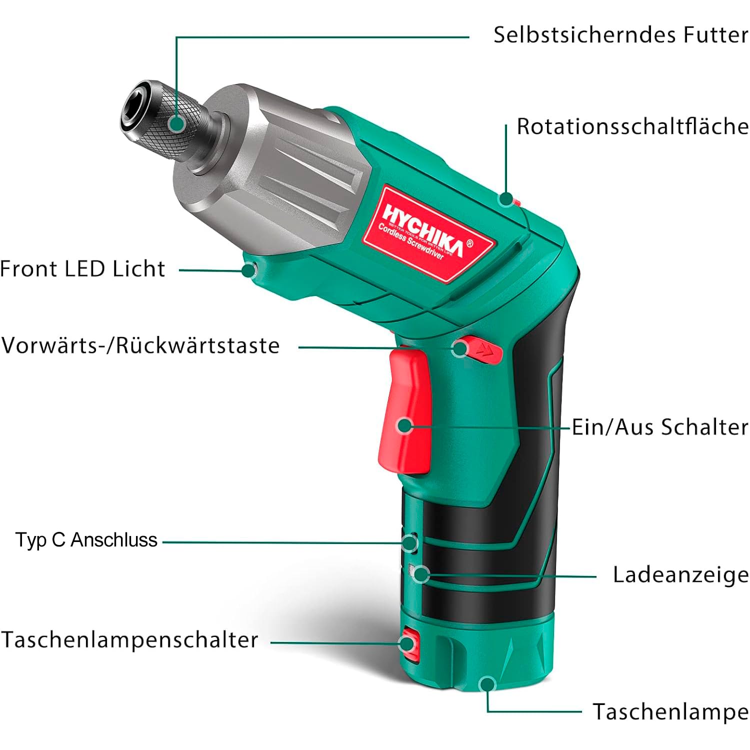 HYCHIKA Akkuschrauber, 6N·m Drehmoment 2000mAh 3,6V Akku mit 35 Zubehörteilen, LED-Licht und Taschenlampe, Akku Bohrschrauber mit USB Kabel und Aufbewahrungsbox 3