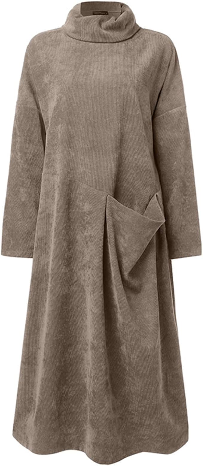 Women's High Neck Long Sleeve Corduroy Dress Fall Winter Retro Solid