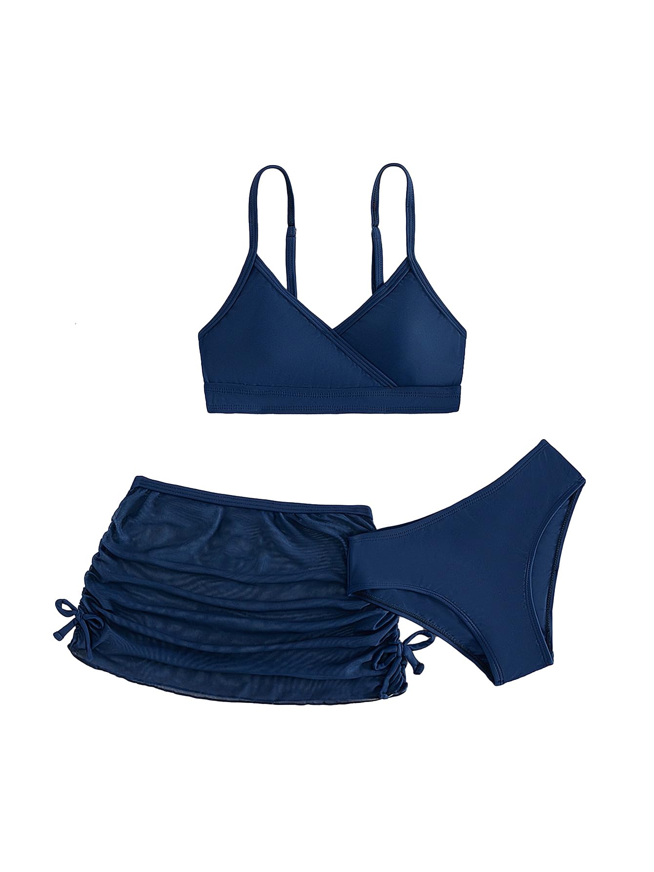 Photo 1 of COZYEASE Girls' 3 Piece Plain Swimsuit Wrap Bikini with Ruched Cover Up Skirt Set Navy Blue 11-12Y