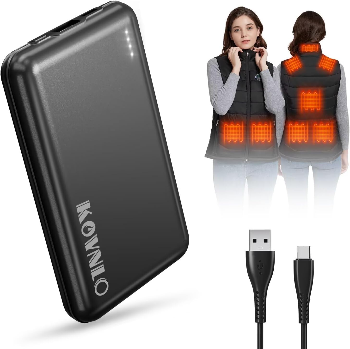 KOVNLO Battery Pack for Heated Vest, 5V 2A 10000mAh USB Power Bank with USB-C Charging Cable, Ultra Thin Portable Charger for Heated Jacket,iPhone, Android