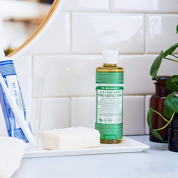 DR. BRONNER’S – PURE-CASTILE LIQUID SOAP (ALMOND, 8 OUNCE) – MADE WITH ORGANIC OILS, 18-IN-1 USES: FACE, BODY, HAIR, LAUNDRY, PETS AND DISHES, CONCENTRATED, VEGAN, NON-GMO