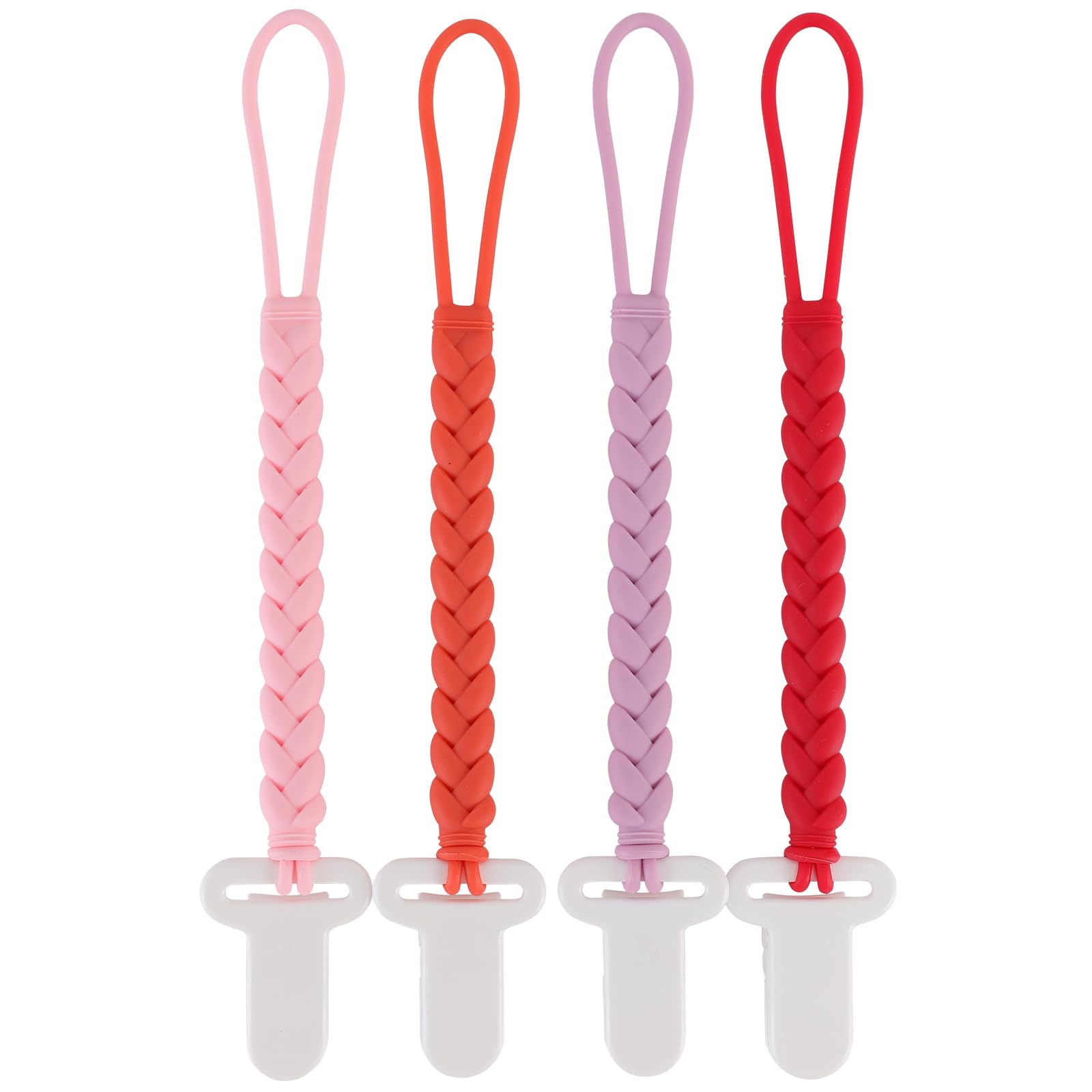 Photo 1 of 4-Pack Silicone Pacifier Clips with a Woven Rope Shape for Baby Boys and Girls - Flexible and Rust-Free Holders for Teething Relief and Baby Essentials, Safe for Newborns (Pink)