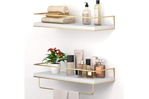 Shario White Floating Shelves - Set of 2, Wall Mounted Hanging Shelves with Golden Towel Rack, Decorative Storage Shelves for Bathroom, Kitchen, Living Room & Bedroom (White Gold, 15.7 Inches)