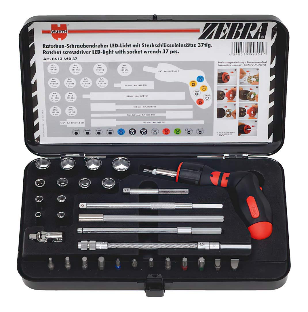 Wurth Assortment of Pistol Grip Ratchet Screwdrivers, 37 Piece Kit, Black