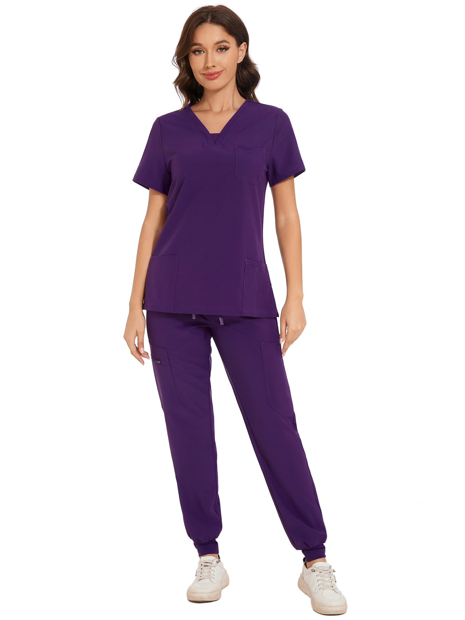 COZYFIT Scrubs for Women - V-Neck Top & Cargo Pants Scrubs Set with 10 Pockets - Purple, XS Image