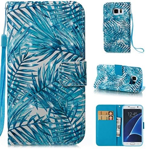 Galaxy S7 Case, Firefish Synthetic Leather Shell Wristlet Strap Flip Folio Stand Cover Full-Body 3D Painted Protective Wallet Cover with ID&amp;Credit Card Pockets for Samsung Galaxy S7 5.1 inch-Leaves
