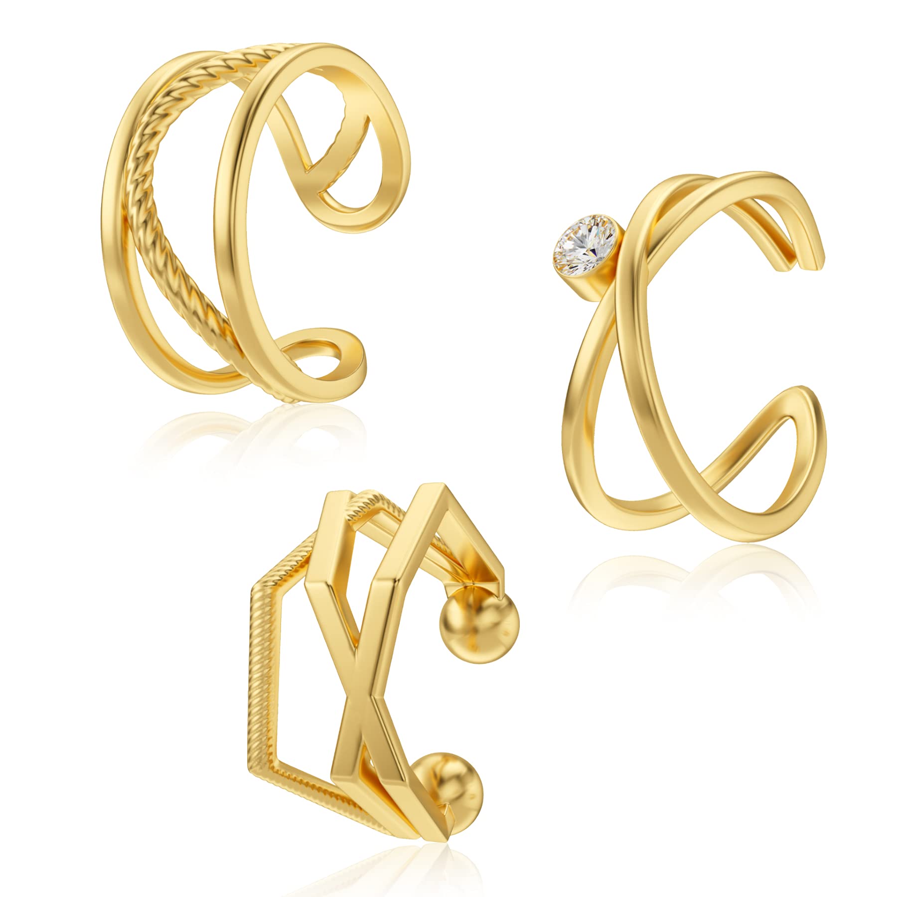 Melighting 3pcs Ear Cuffs Set Non-Pierced Cartilage Helix Earrings Stainless Steel Conch Ear Cuffs Adjustable Conch Earrings Helix Cuff Earrings for Women Girls