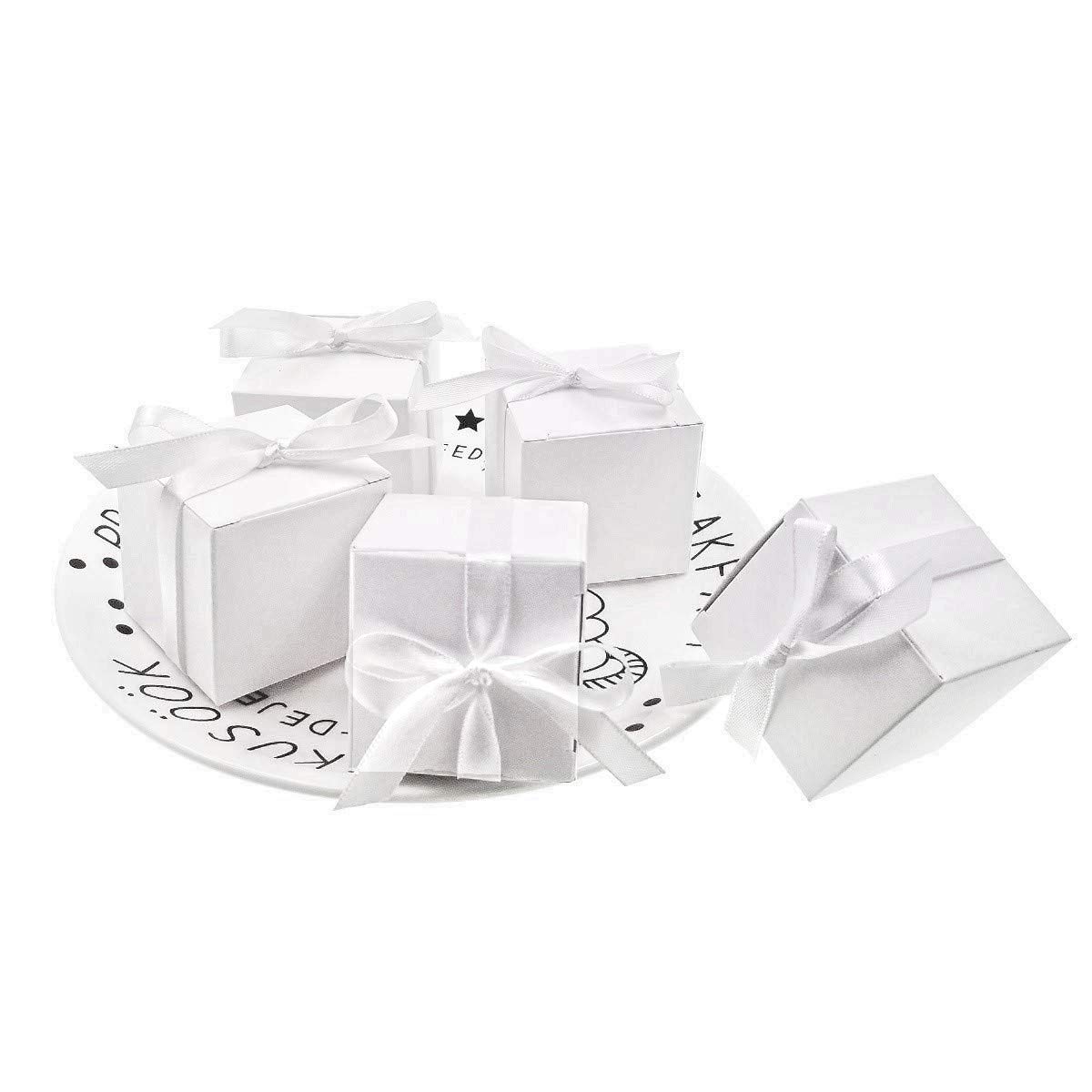JZK 50 Blank white wedding favour boxes with ribbons paper sweets box for wedding birthday Christmas christening baby shower communion graduation party