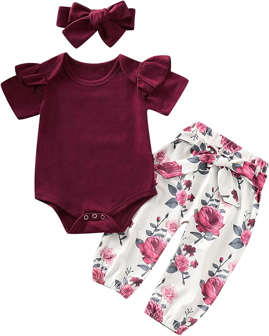 Baby Girls 3PCS Infant Toddler Clothes Romper Bodysuit Floral Halen Tops Pants Clothing Sets Headband Outfits: Clothing