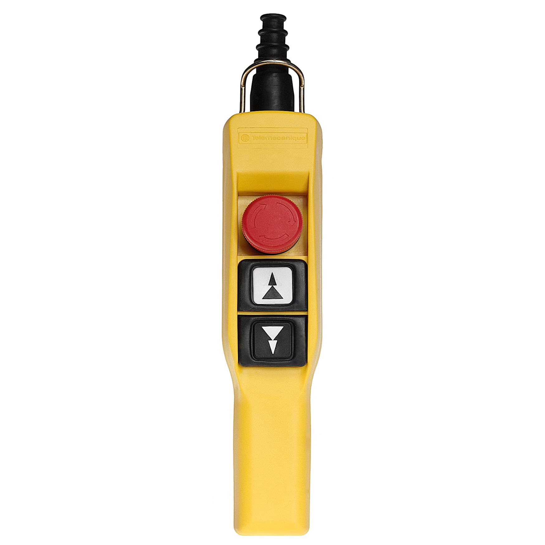 Schneider Electric Pendant control station, Harmony XAC, plastic, yellow, pistol grip, 2 booted push buttons with 2NO, 1 emergency stop NC