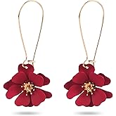Flower Dangle Earrings, Floral Petal Drop Dangle Earrings Daisy Fairy Earrings for Women Chic Boho Wedding Jewelry for Christmas Valentines Day Graduation Engagement (Red)