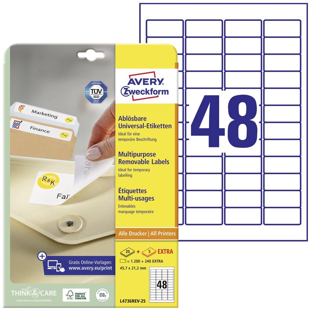 Avery Zweckform Multi-Purpose Removable Labels for All A4 Printers, 45.7 x 21.2 mm weiß (wiederablösbar)