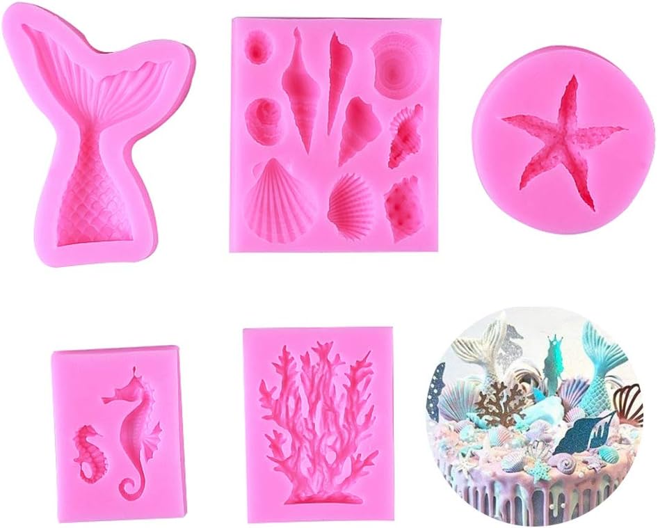 Seashell Fondant Mold Mermaid Tail Mold Seahorse Chocolate Candy Mold Starfish Silicone Mold Coral Shaped Mold for Sea Beach Theme Wedding Birthday Party Cake Decoration Cupcake Topper (5 Pieces)