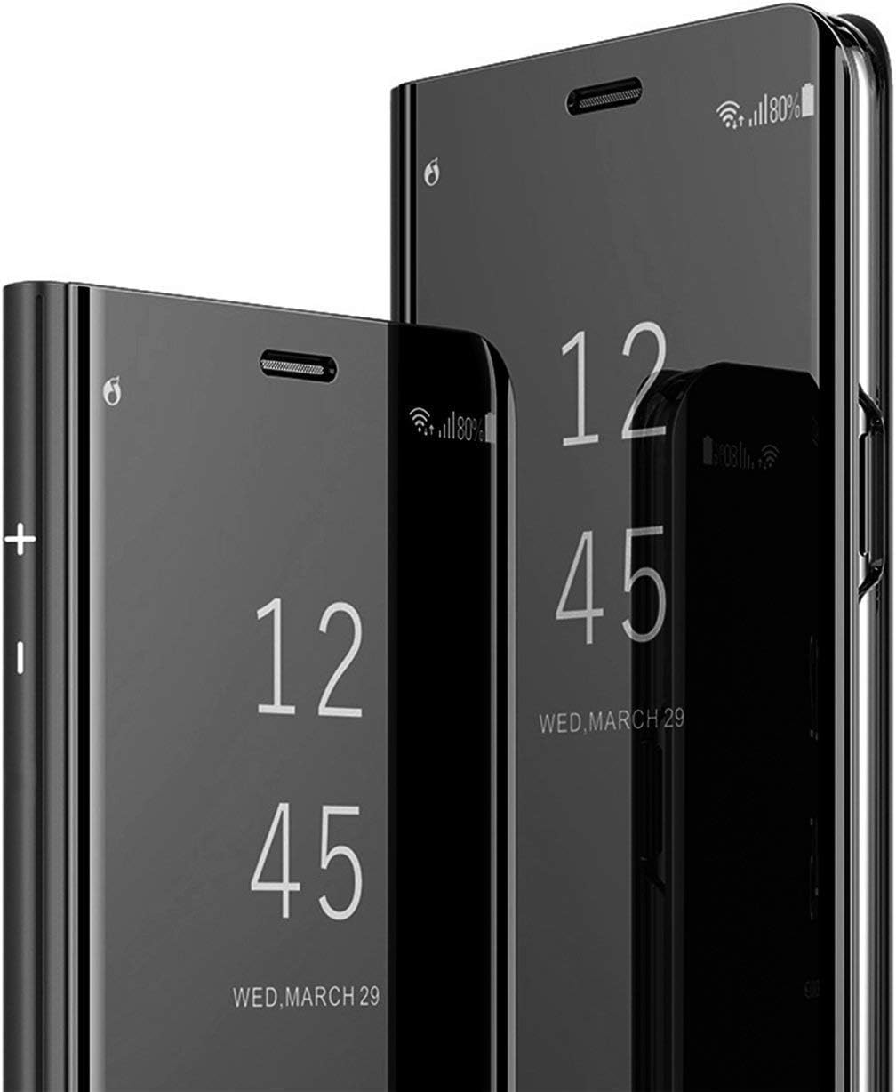 Finaux Mirror Flip Cover Semi Clear View Smart Cover Phone S-View Clear, Kickstand FLIP Case for Samsung Galaxy S7 - Black