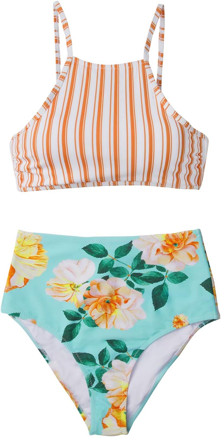 Women's Two Piece High Neck Bikinis Swimsuits Modest Crop Top Bathing Suits for Teens