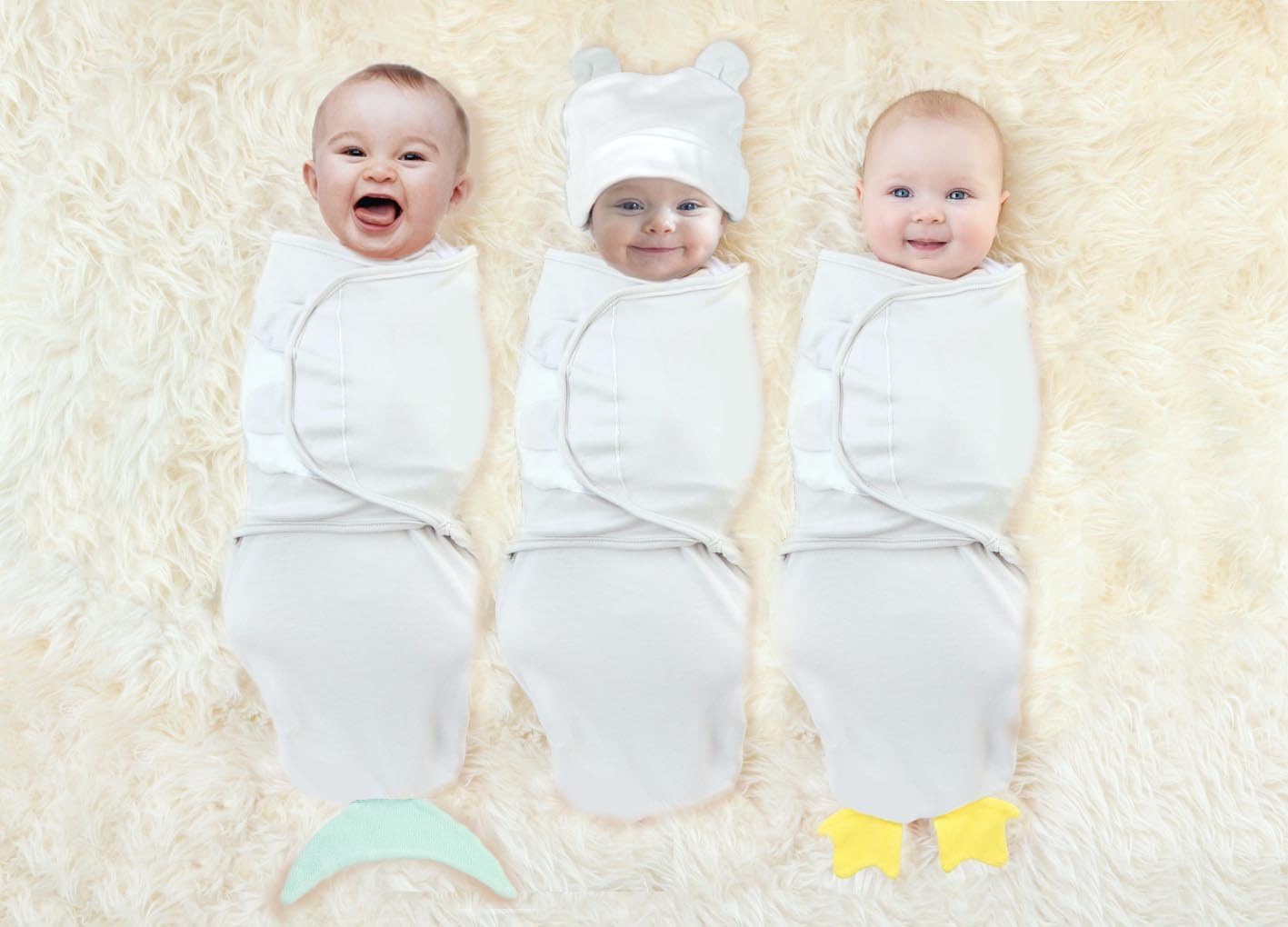Swaddle Blanket Wrap Set - 100% Cotton, Easy Adjustable Tabs, Cute Animals Design Plus Baby Bear Beanie