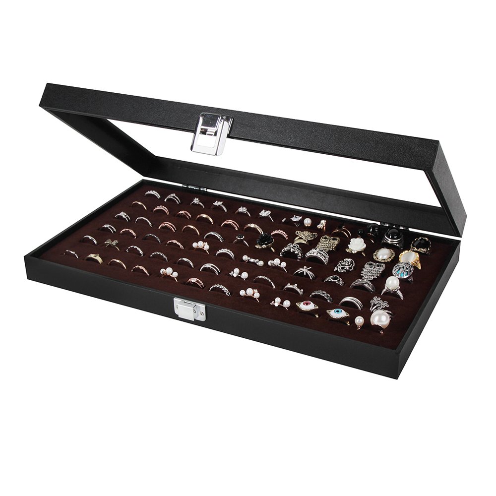 Ring Display Case Tray Holder Box Lid Wooden Jewelry Black Velvet