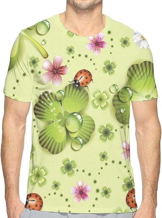 Amazon Co Jp Tシャツ 緑のクローバーと花てんとう虫聖パトリックの日 半袖 服 メンズ 夏 カジュアル ファッション 丸襟 柔らかい 快適 服 ファッション小物