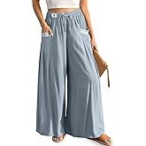 TARSE Women's Linen Wide Leg Pants Flowy Palazzo Trendy Casual Lounge Boho Drawstring Trousers Summer Beach with Pockets