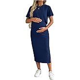 SHENHE Women's Maternity Ribbed 2 Piece Outfits Short Sleeve Crop Top Bodycon Slit Midi Skirt Set