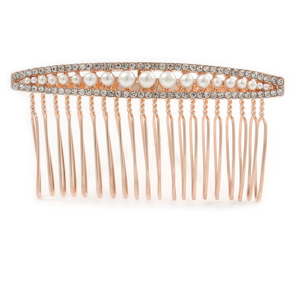 Bridal/Wedding/Prom/Party Rose Gold Tone Clear Austrian Crystal Pealr Side Hair Comb - 80mm