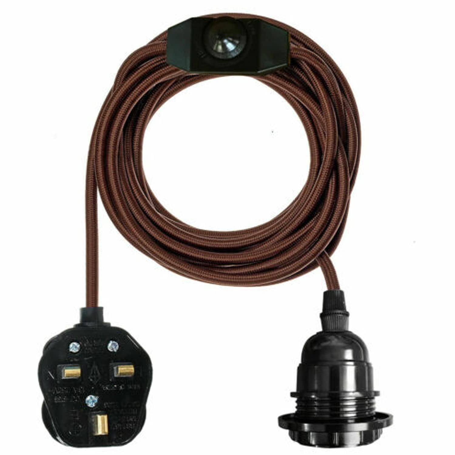 LEDSONE Vintage Pendant Light Kit with Fabric Flex Cable 2m Hanging Light Fitting with E27 Bulb Socket and Plug with Switch Ideal for Home, Studio, Office, Café, or Decorative Lighting (Brown)