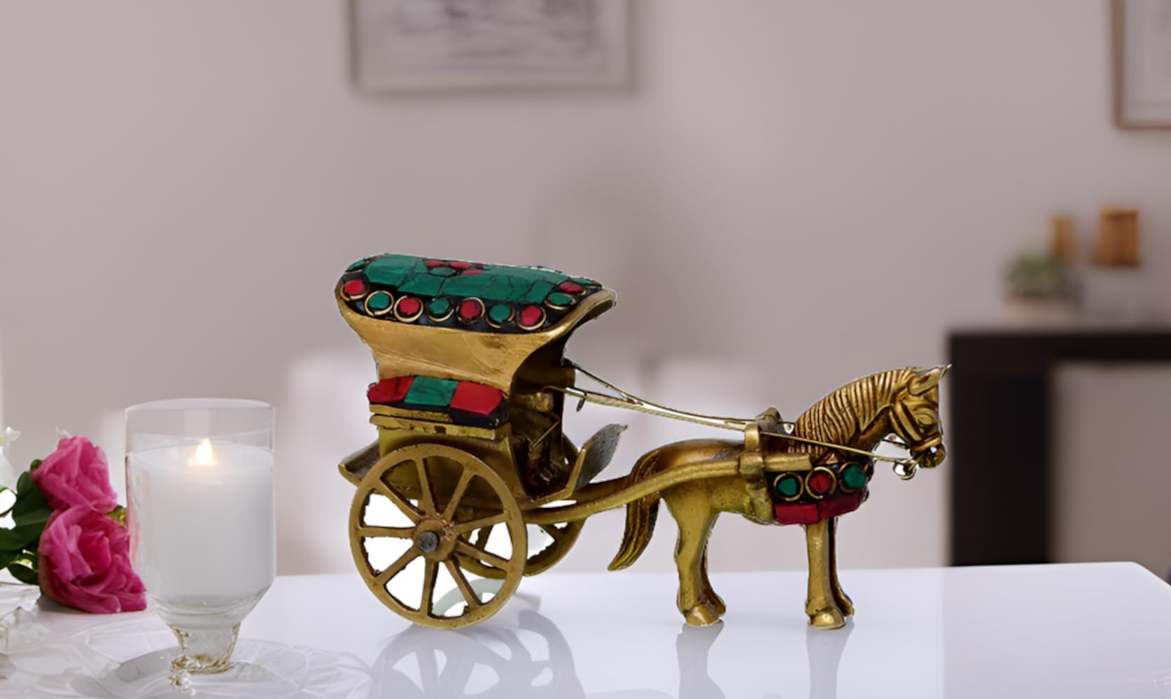 Purpledip Solid Pure Brass Vintage Horse cart (Ghoda gadi) with gemstone work Indian gift ideas(10509)